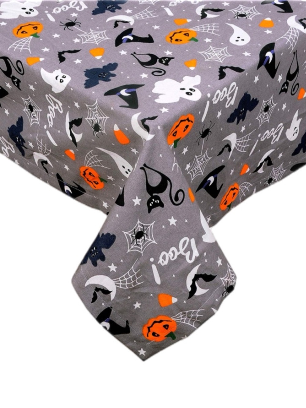 Gray Halloween Tablecloth with Orange Pumpkin & White Ghost Design